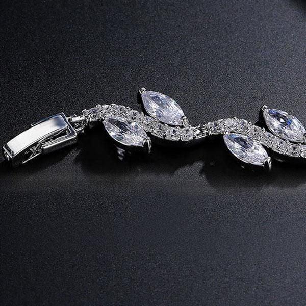 Sterling Silver Plated Leaf Design Bracelet with Round and Marquise Cut Stones (7 Inch)