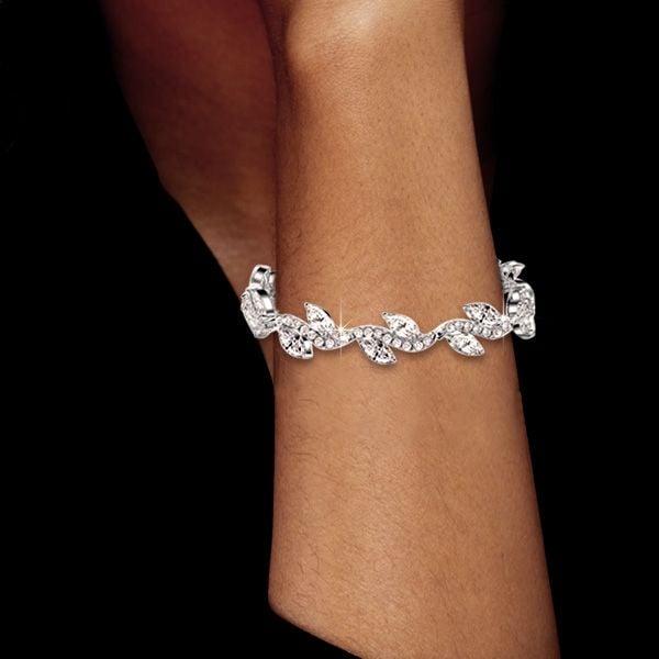 Sterling Silver Plated Leaf Design Bracelet with Round and Marquise Cut Stones (7 Inch)