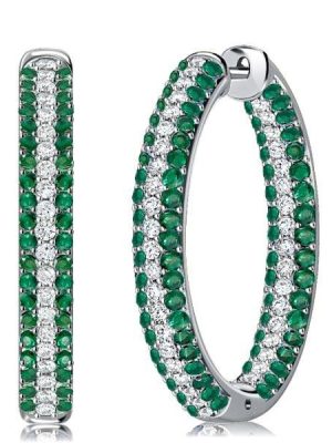Pave Emerald Green Oval Hoop Earrings in 925 Sterling Silver