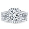 Halo Cushion Cut White Sapphire 3-Piece Sterling Silver Wedding Ring Set