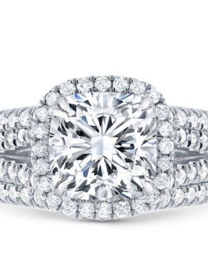 Halo Cushion Cut White Sapphire 3-Piece Sterling Silver Wedding Ring Set