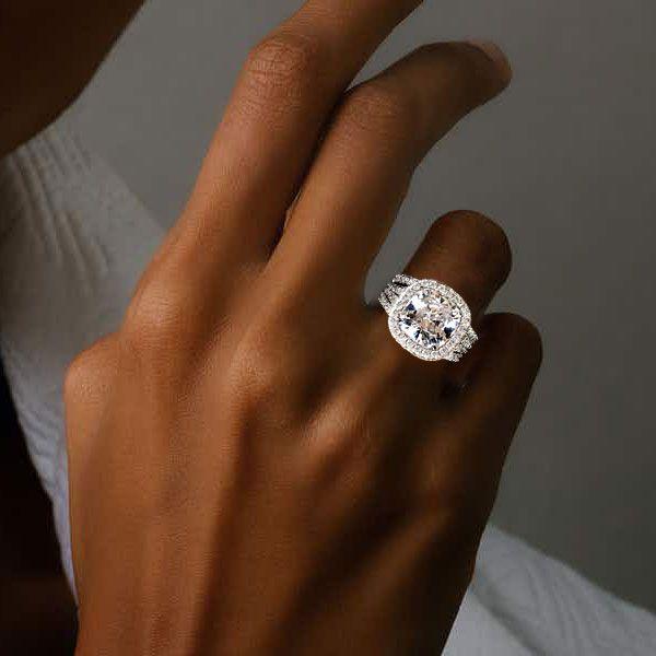 Halo Cushion Cut White Sapphire 3-Piece Sterling Silver Wedding Ring Set