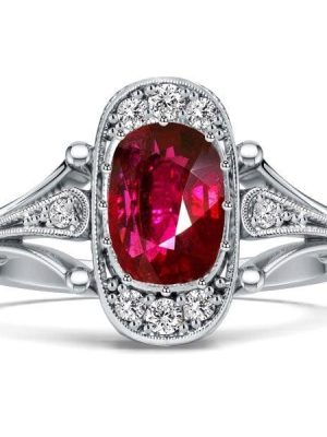Cushion Cut Ruby Engagement Ring in Sterling Silver with Rhodium Plating