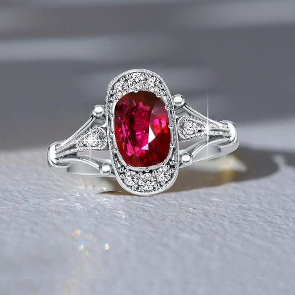 Cushion Cut Ruby Engagement Ring in Sterling Silver with Rhodium Plating