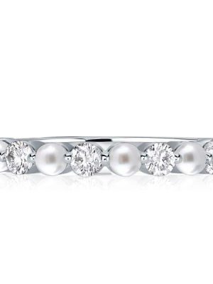 Half Eternity Pearl Ring for Women, Sterling Silver Wedding Band with Pearl Accents