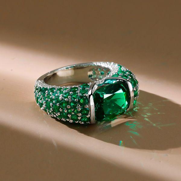 Cushion Emerald Sterling Silver Ring - Chunky Statement Ring