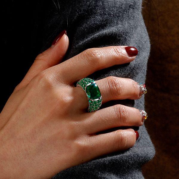 Cushion Emerald Sterling Silver Ring - Chunky Statement Ring