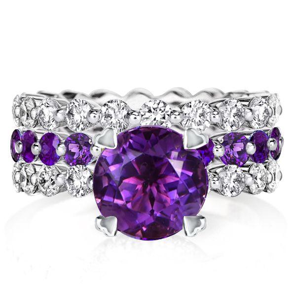 Purple & White Sapphire Sterling Silver 3-Piece Wedding Ring Set