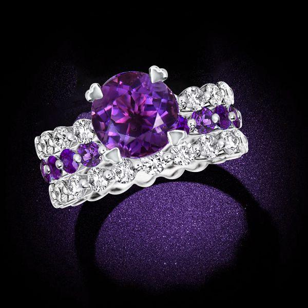 Purple & White Sapphire Sterling Silver 3-Piece Wedding Ring Set