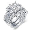 Three Stone Created White Sapphire 3-Piece Wedding Ring Set in Sterling Silver