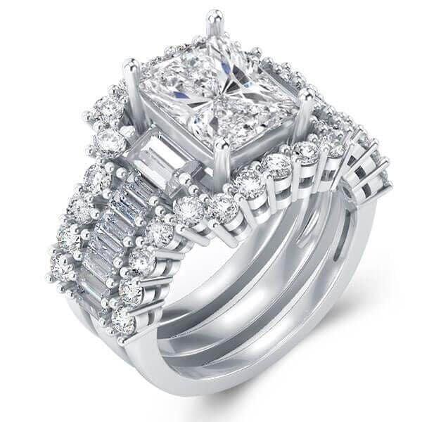 Three Stone Created White Sapphire 3-Piece Wedding Ring Set in Sterling Silver