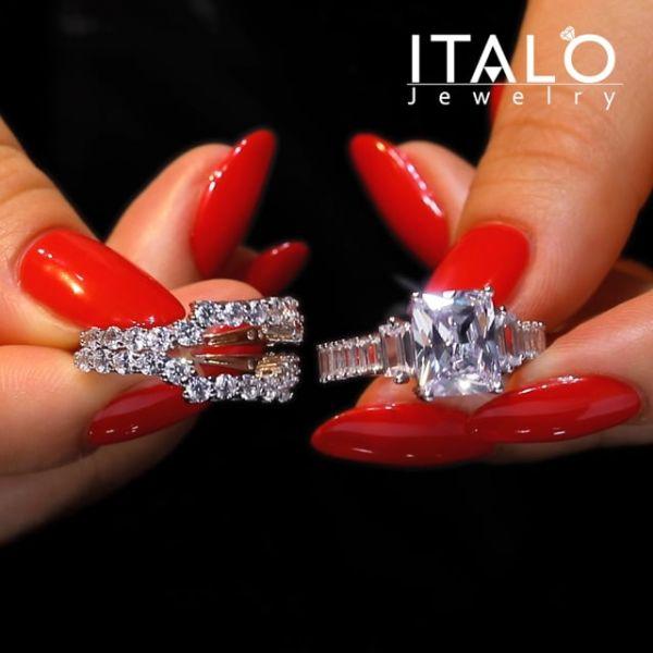 Three Stone Created White Sapphire 3-Piece Wedding Ring Set in Sterling Silver