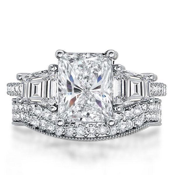 Three Stone Created White Sapphire Sterling Silver Bridal Set