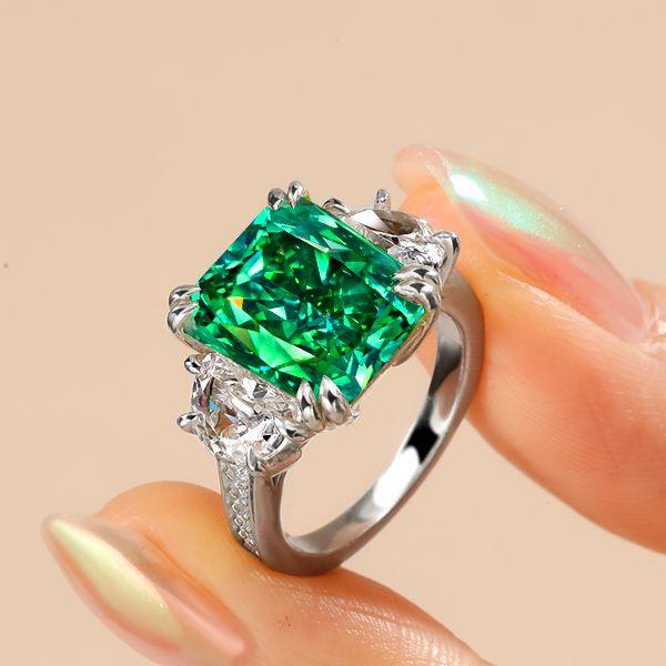 Radiant Cut Emerald Green Sterling Silver Engagement Ring