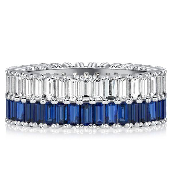 Baguette Cut Blue & White Sapphire Multi-Row Wedding Band in Sterling Silver