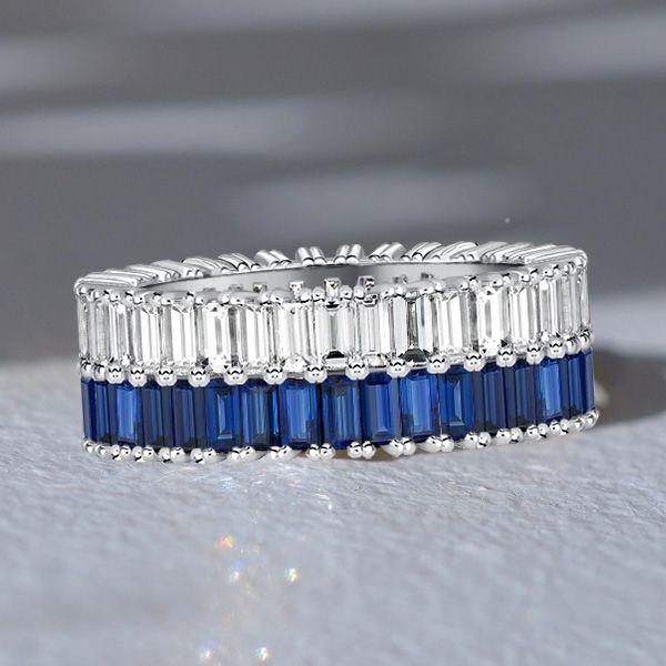 Baguette Cut Blue & White Sapphire Multi-Row Wedding Band in Sterling Silver