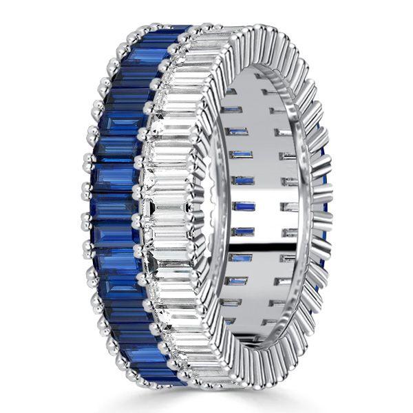 Baguette Cut Blue & White Sapphire Multi-Row Wedding Band in Sterling Silver