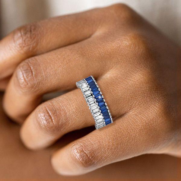 Baguette Cut Blue & White Sapphire Multi-Row Wedding Band in Sterling Silver