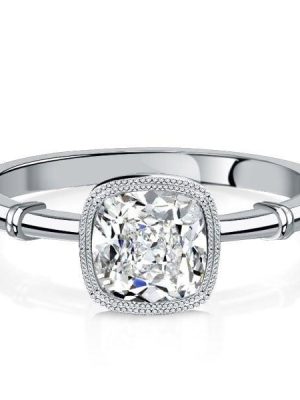 Cushion Cut Engagement Ring with Milgrain Bezel Setting in Sterling Silver