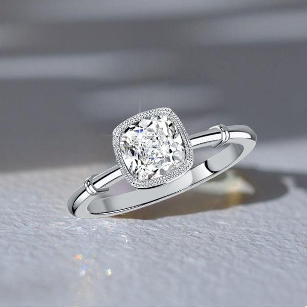 Cushion Cut Engagement Ring with Milgrain Bezel Setting in Sterling Silver