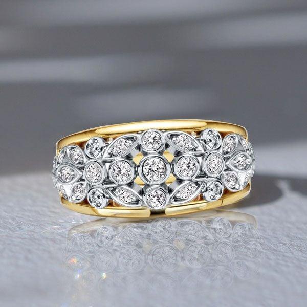 Two Tone Bezel Setting Ring | Round Cut Half Eternity Band | Sterling Silver Anniversary Gift