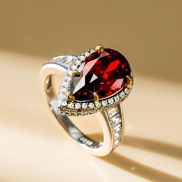 3.40 CTW Pear Cut Garnet Engagement Ring in Sterling Silver with Gold Plating