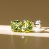Cushion Cut Peridot Stud Earrings for Women in Rhodium Plated Sterling Silver