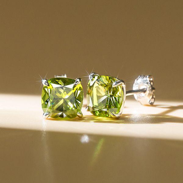 Cushion Cut Peridot Stud Earrings for Women in Rhodium Plated Sterling Silver