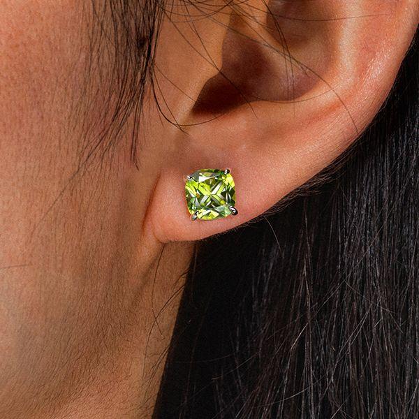 Cushion Cut Peridot Stud Earrings for Women in Rhodium Plated Sterling Silver