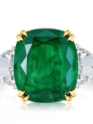 Cushion Cut Created Emerald Three Stone Engagement Ring - Sterling Silver
