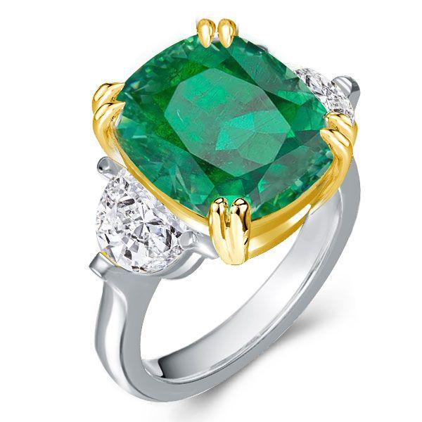 Cushion Cut Created Emerald Three Stone Engagement Ring - Sterling Silver