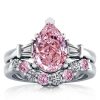 Pear Shaped Pink Stone Sterling Silver Wedding Ring Set
