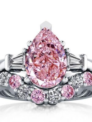 Pear Shaped Pink Stone Sterling Silver Wedding Ring Set