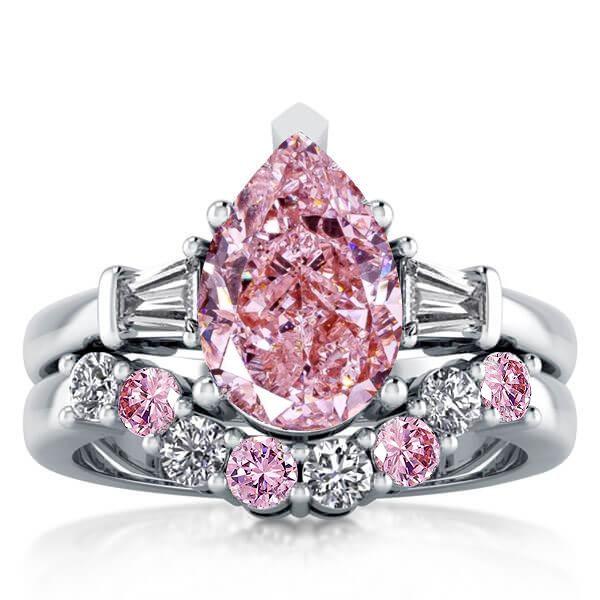 Pear Shaped Pink Stone Sterling Silver Wedding Ring Set