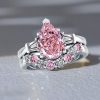 Pear Shaped Pink Stone Sterling Silver Wedding Ring Set
