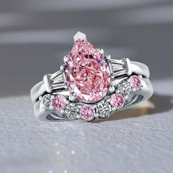 Pear Shaped Pink Stone Sterling Silver Wedding Ring Set