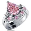Pear Shaped Pink Stone Sterling Silver Wedding Ring Set