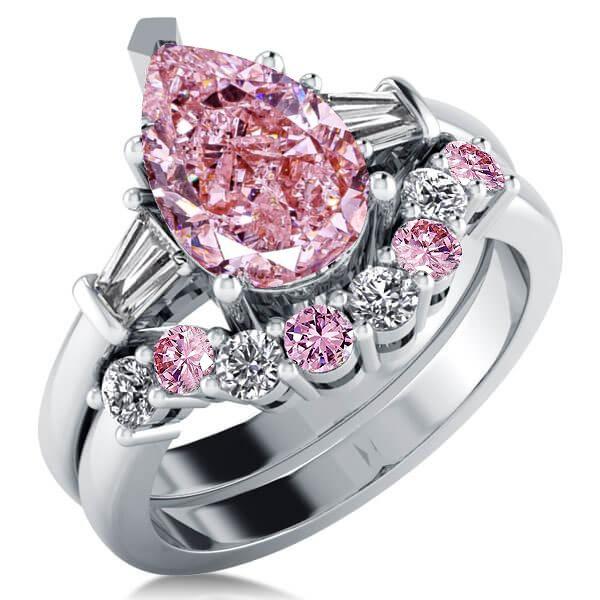 Pear Shaped Pink Stone Sterling Silver Wedding Ring Set