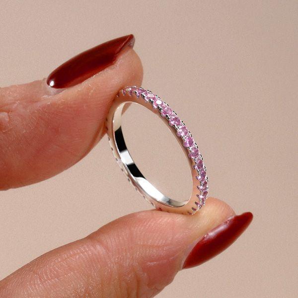 Shared Prong Pink Sapphire Wedding Band in Sterling Silver