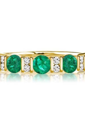 Emerald & White Round Cut Half Eternity Wedding Band - 18K Gold Plated Sterling Silver
