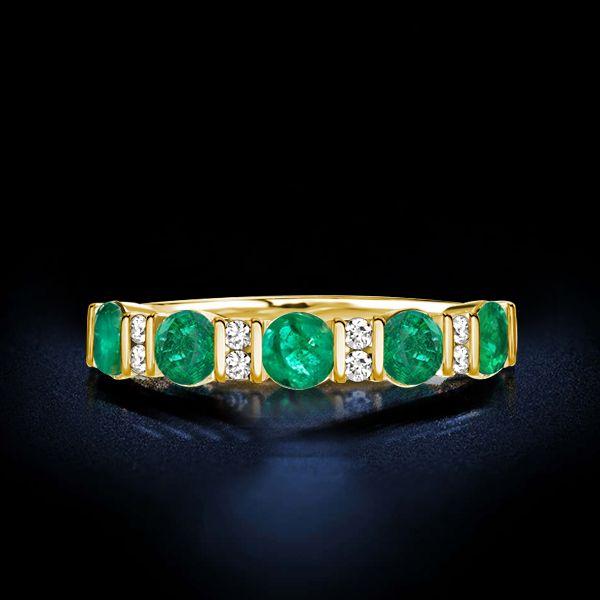 Emerald & White Round Cut Half Eternity Wedding Band - 18K Gold Plated Sterling Silver
