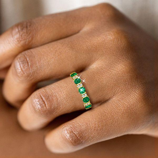 Emerald & White Round Cut Half Eternity Wedding Band - 18K Gold Plated Sterling Silver