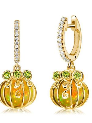 Halloween Pumpkin Opal Hoop Earrings - 18K Gold Plated Sterling Silver