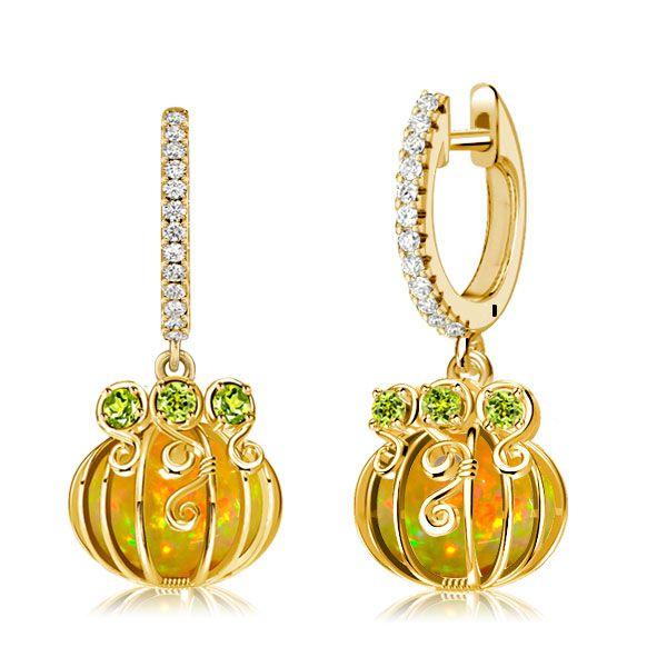 Halloween Pumpkin Opal Hoop Earrings - 18K Gold Plated Sterling Silver