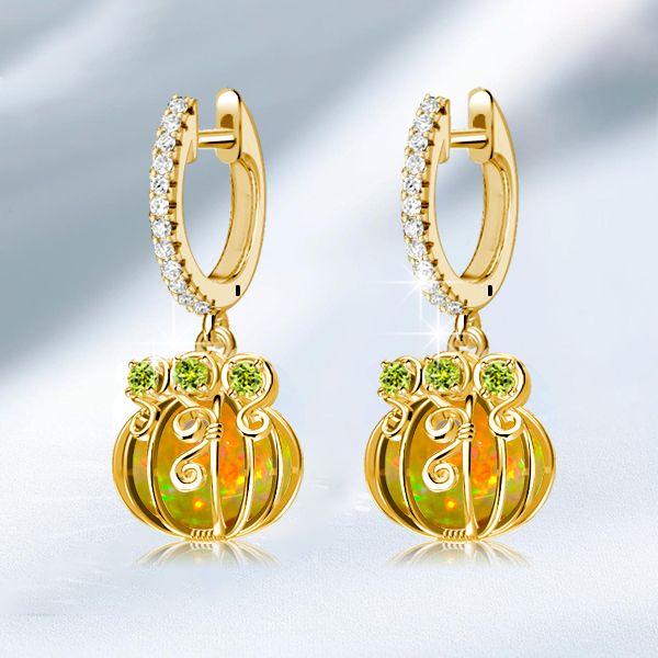 Halloween Pumpkin Opal Hoop Earrings - 18K Gold Plated Sterling Silver