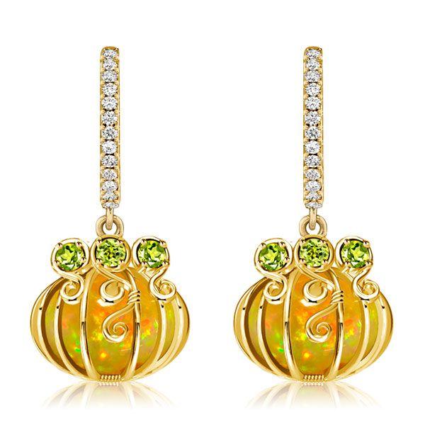 Halloween Pumpkin Opal Hoop Earrings - 18K Gold Plated Sterling Silver