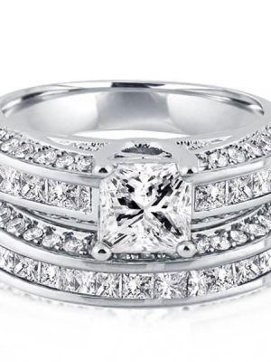 Princess Cut 3.11 CT. TW. Sterling Silver Diamond Engagement Ring Set