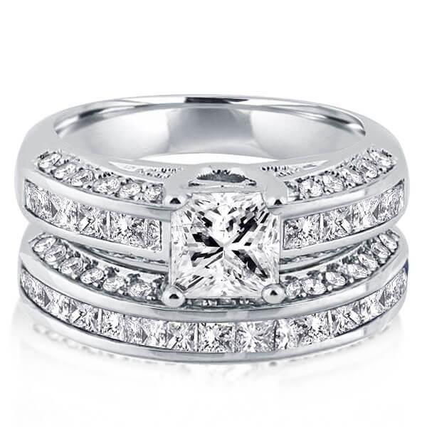 Princess Cut 3.11 CT. TW. Sterling Silver Diamond Engagement Ring Set