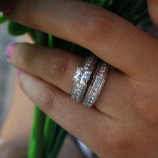 Princess Cut 3.11 CT. TW. Sterling Silver Diamond Engagement Ring Set