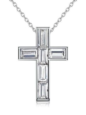 Sterling Silver Baguette Cut Cross Pendant Necklace with Bezel Setting